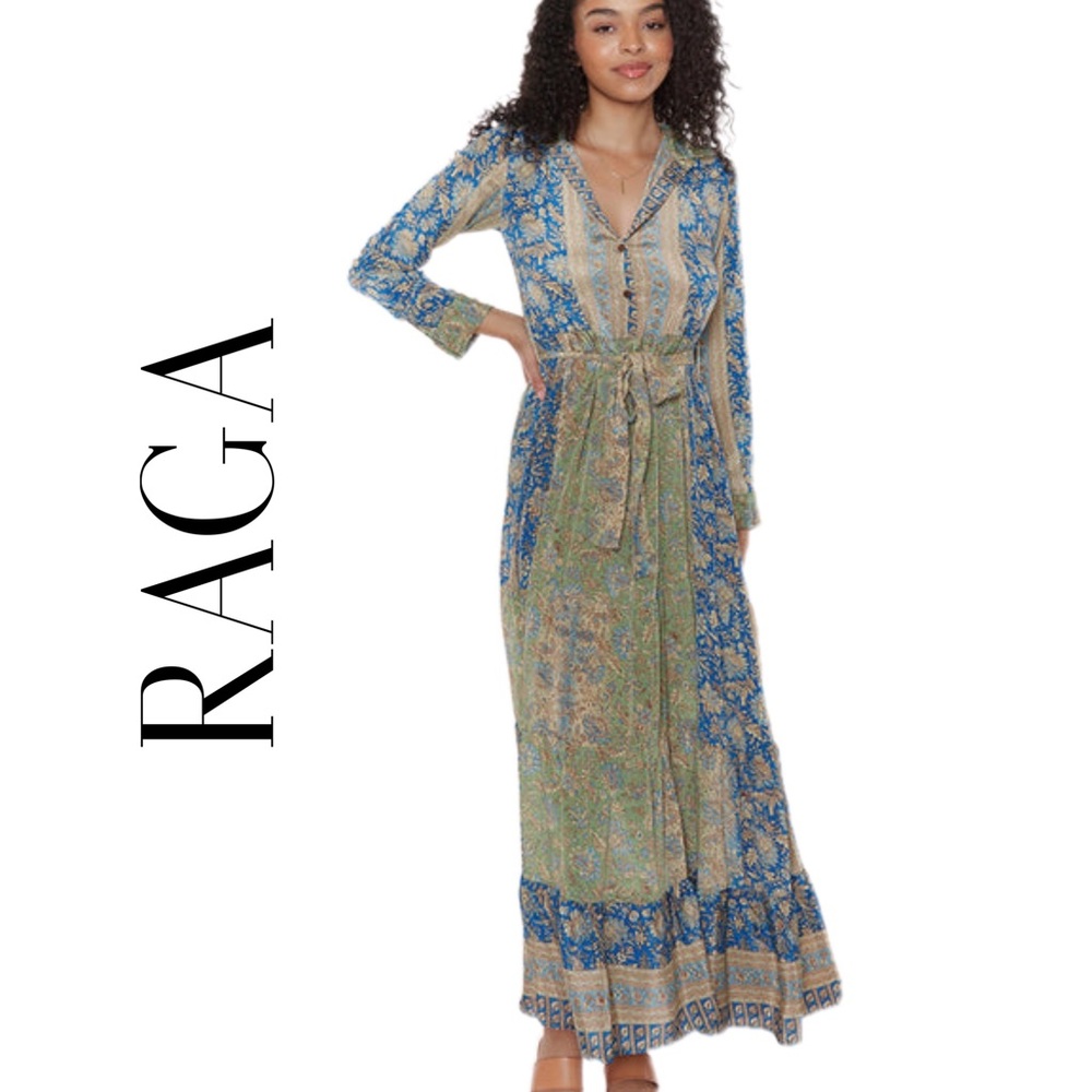 RAGA “JAI” BELTED MAXI DRESS IN PATCHWORK PATTERN SAGE GREEN 3X
